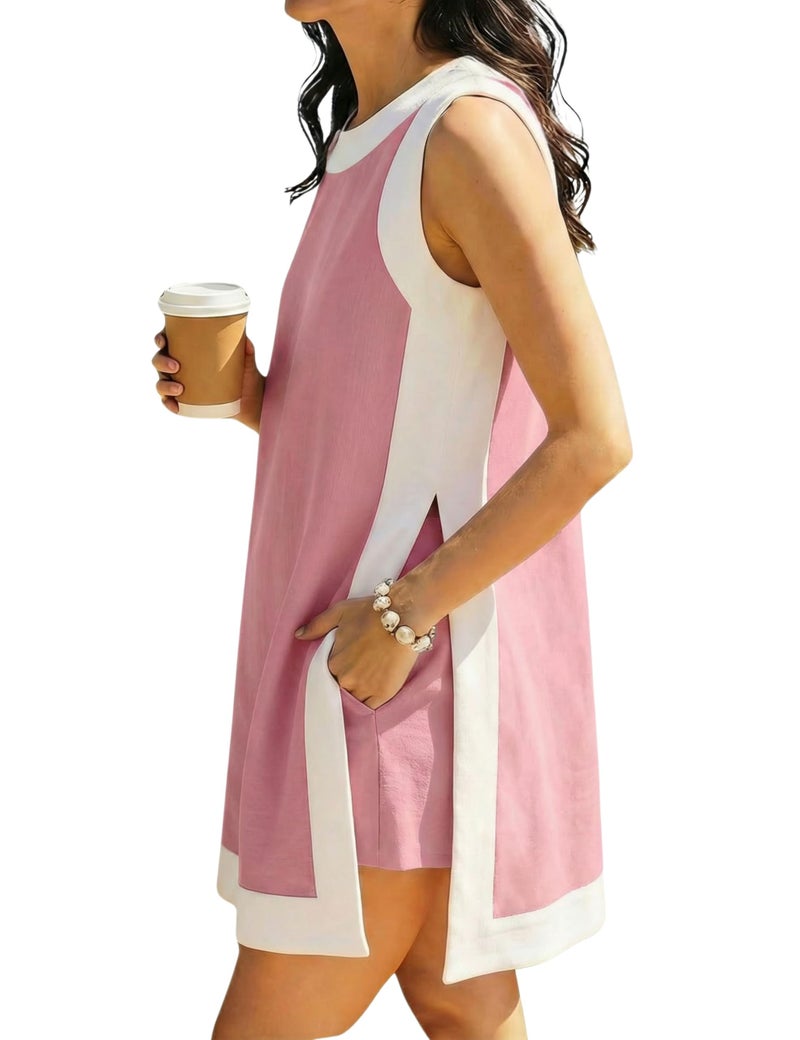 Hooever Women's 2 Piece Sets Casual Color Block Crewneck Short Sleeve Pullover Tops Matching Shorts with Pockets(Pink-S) - Image 1