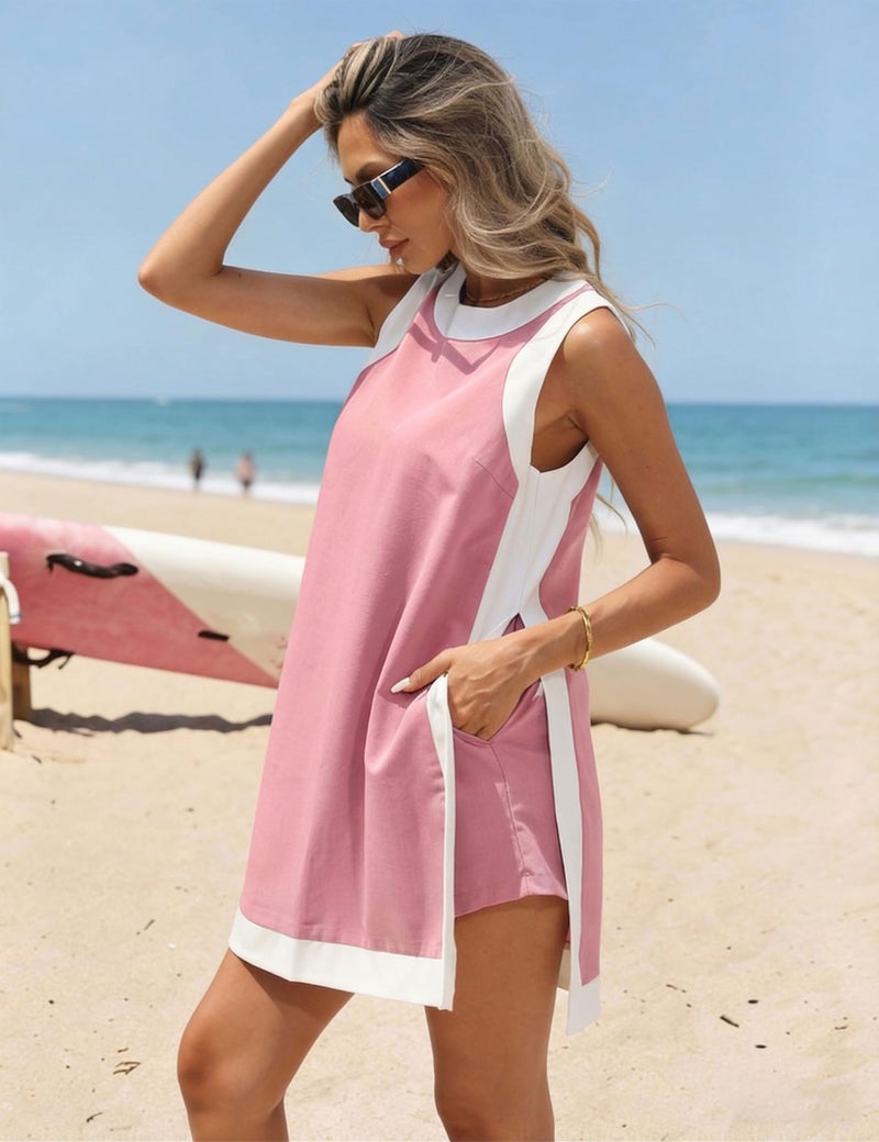 Hooever Women's 2 Piece Sets Casual Color Block Crewneck Short Sleeve Pullover Tops Matching Shorts with Pockets(Pink-S) - Image 2