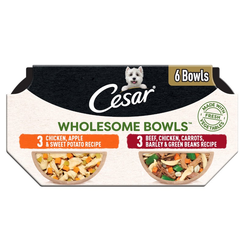 Cesar Wholesome Bowls Adult Wet Dog Food, Beef, Chicken, Carrots, Barley & Green Beans Recipe and Chicken, Apple & Sweet Potato Recipe Variety Pack, Wet Food for Dogs, 3 oz., 6 Count - Image 1