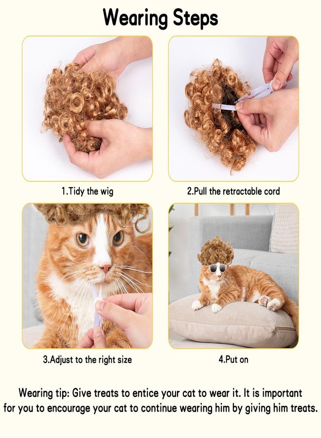 HOWWFALY Cat Apparel Cat Gold Afro Wig with White Small Glasses Styling Cute Funny Pet Hair Accessories Decoration for Halloween, Christmas, Parties - Image 5
