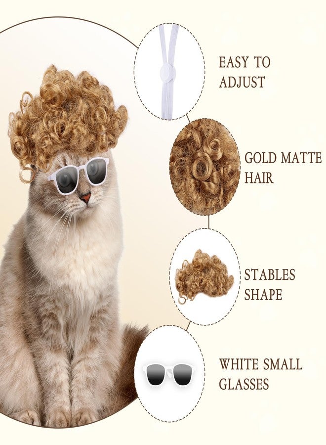 HOWWFALY Cat Apparel Cat Gold Afro Wig with White Small Glasses Styling Cute Funny Pet Hair Accessories Decoration for Halloween, Christmas, Parties - Image 2