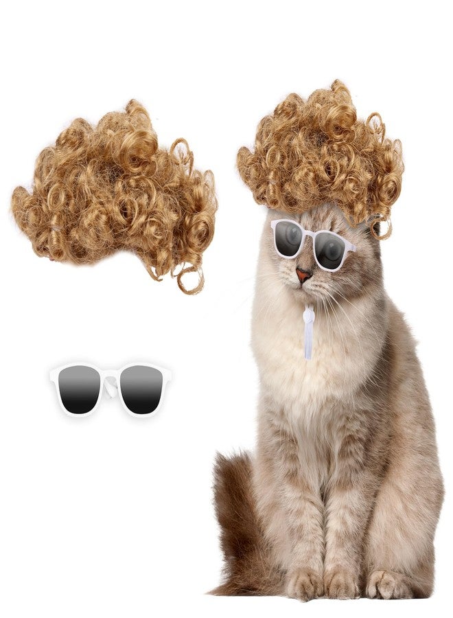 HOWWFALY Cat Apparel Cat Gold Afro Wig with White Small Glasses Styling Cute Funny Pet Hair Accessories Decoration for Halloween, Christmas, Parties - Image 1