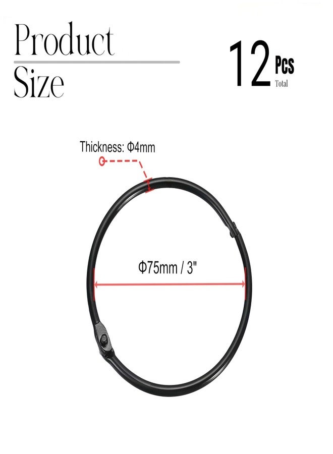 arrccholiy 12 Pack 3 Inch Metal Shower Curtain Rings, Black Snap-Joint Round Hooks for Bathroom Shower Rod - Image 2