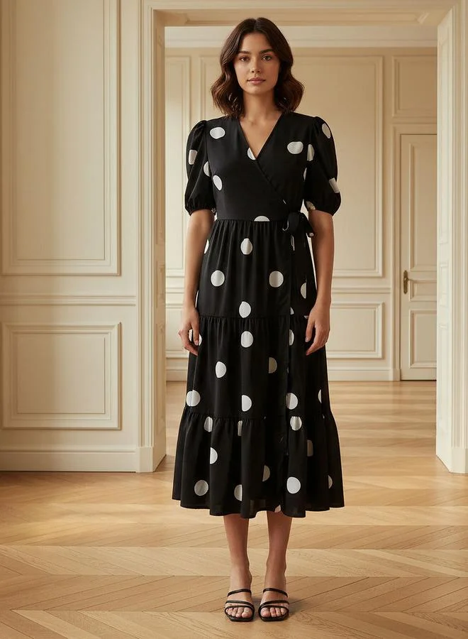 Splash FAV Polka Dot Print Midi Tiered Dress with Short Sleeves and Tie-Up Detail