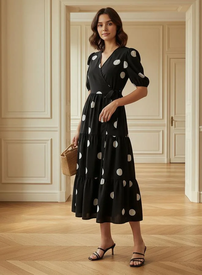 Splash FAV Polka Dot Print Midi Tiered Dress with Short Sleeves and Tie-Up Detail