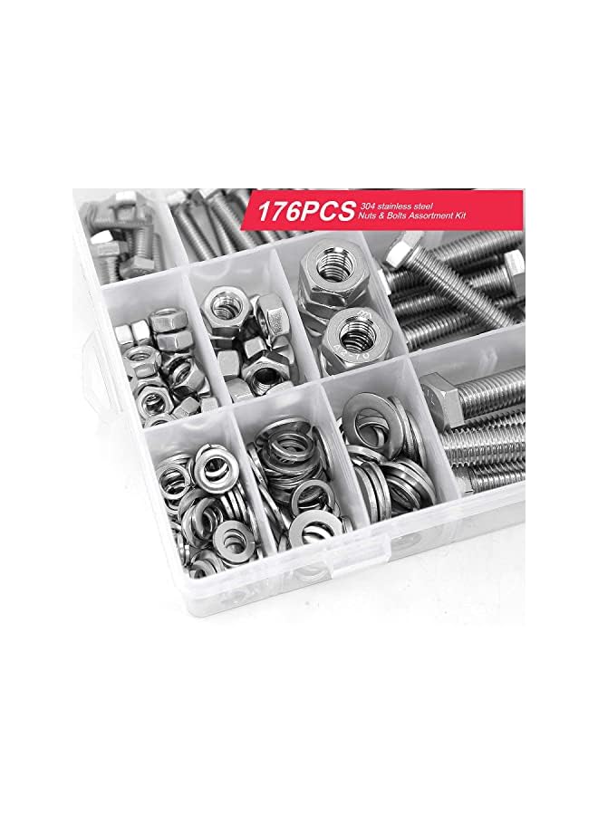 promass 176 Pieces M6 M8 M10 Heavy Duty Bolts and Nuts Assortment Kit, 304 Stainless Steel, Includes 16 Most Common Sizes, stainless steel hex head bolt with nut and flat spring washer - Image 5