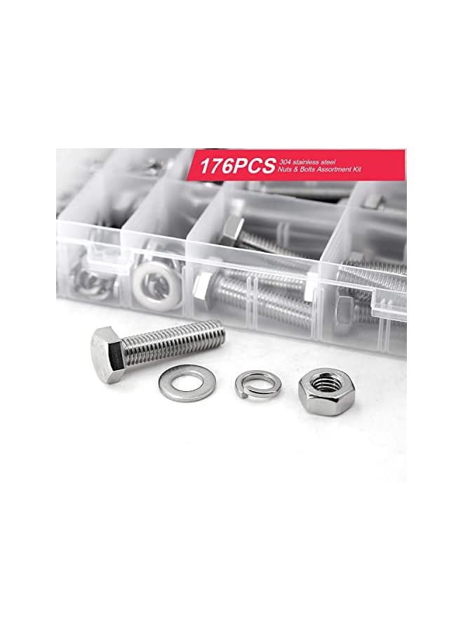 promass 176 Pieces M6 M8 M10 Heavy Duty Bolts and Nuts Assortment Kit, 304 Stainless Steel, Includes 16 Most Common Sizes, stainless steel hex head bolt with nut and flat spring washer - Image 4