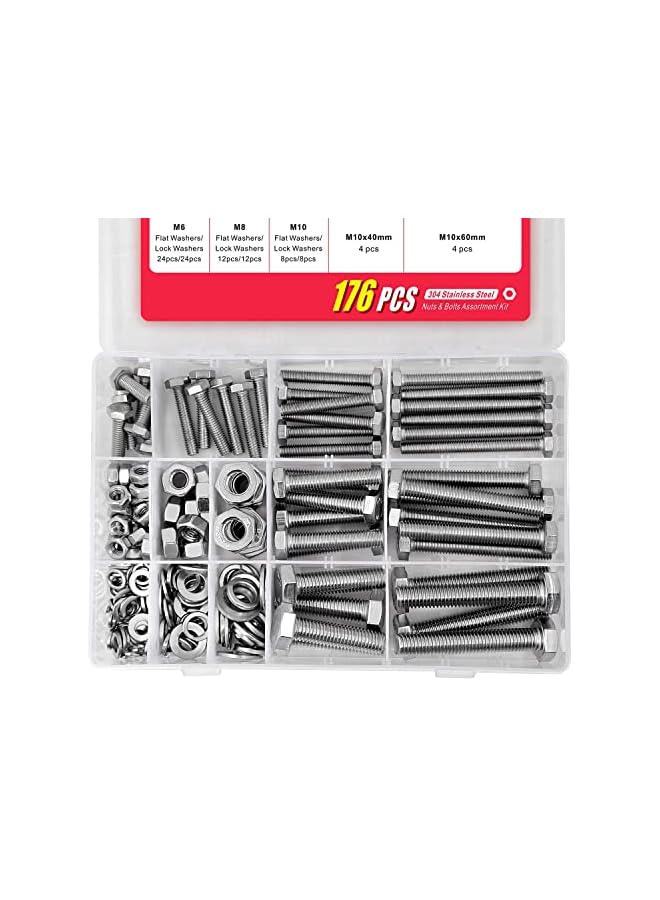 promass 176 Pieces M6 M8 M10 Heavy Duty Bolts and Nuts Assortment Kit, 304 Stainless Steel, Includes 16 Most Common Sizes, stainless steel hex head bolt with nut and flat spring washer - Image 2