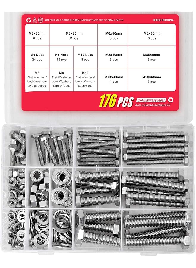 promass 176 Pieces M6 M8 M10 Heavy Duty Bolts and Nuts Assortment Kit, 304 Stainless Steel, Includes 16 Most Common Sizes, stainless steel hex head bolt with nut and flat spring washer - Image 1