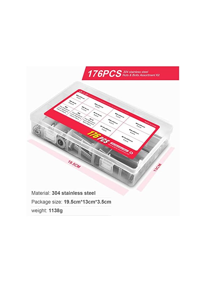 promass 176 Pieces M6 M8 M10 Heavy Duty Bolts and Nuts Assortment Kit, 304 Stainless Steel, Includes 16 Most Common Sizes, stainless steel hex head bolt with nut and flat spring washer - Image 3