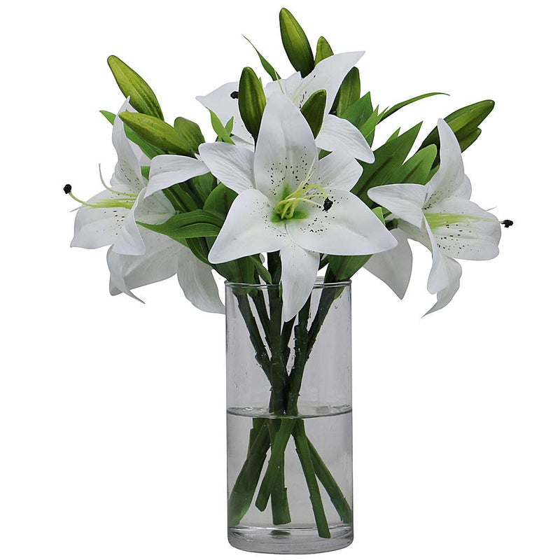 Omygarden 6pcs White Artificial Lily Flower Faux Plastic Lily Home Office Garden Wedding Party Easter Day Decoration WITHOUT VASE