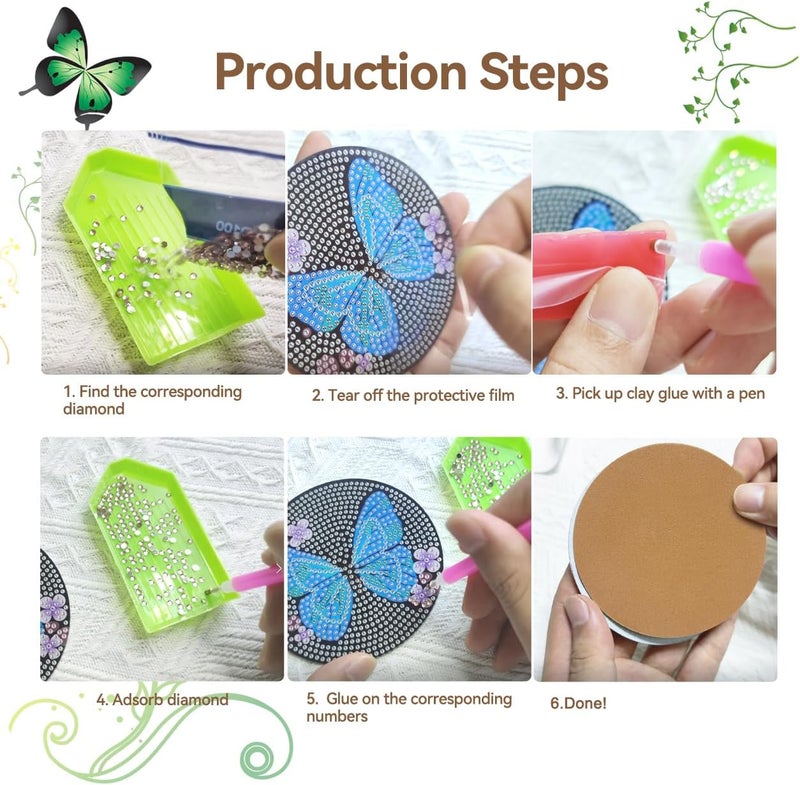 Vcekract Diamond Painting Coasters, 6 Pieces Butterfly Diamond Painting Coasters with Holder, Diamond Painting Kits for Adults and Kids, Diamond Art Kits for DIY Coasters - Image 4