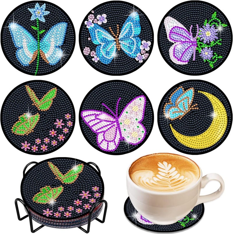 Vcekract Diamond Painting Coasters, 6 Pieces Butterfly Diamond Painting Coasters with Holder, Diamond Painting Kits for Adults and Kids, Diamond Art Kits for DIY Coasters - Image 1