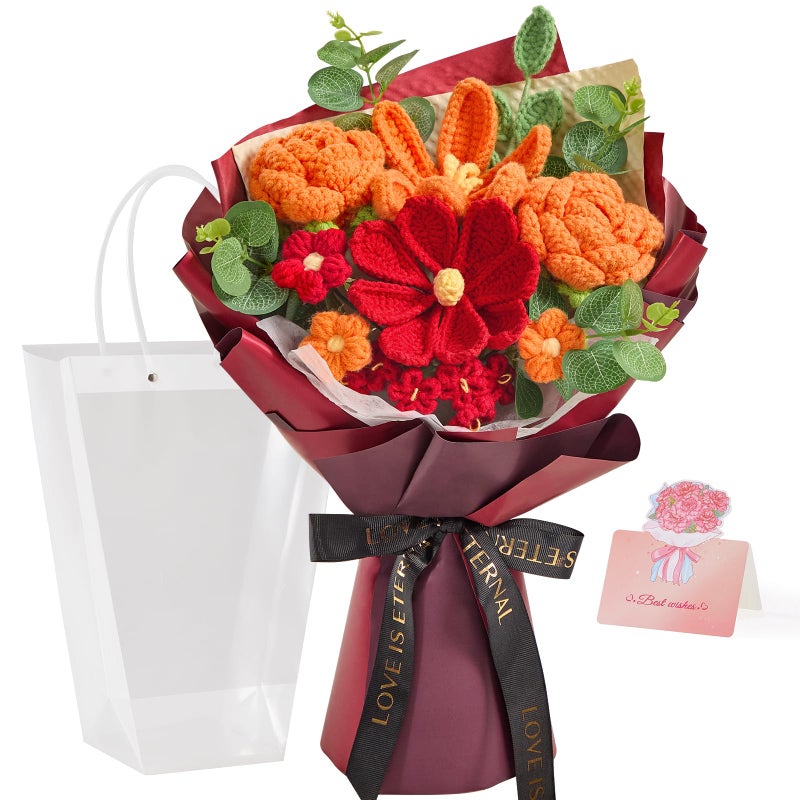 Alecono Crochet Flower Bouquet  Orange And Burgundy Knitted Flowers  Red Crochet Tulip Galsang Flower For Lover Anniversary Birthday Party Mother'S Day Graduation Gifts (Include Card) - Image 1