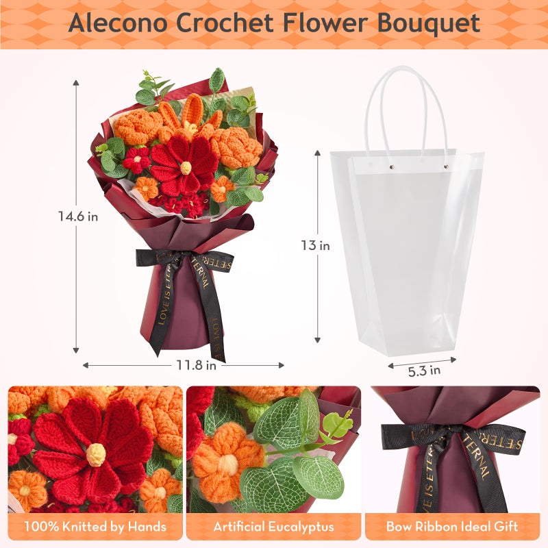 Alecono Crochet Flower Bouquet  Orange And Burgundy Knitted Flowers  Red Crochet Tulip Galsang Flower For Lover Anniversary Birthday Party Mother'S Day Graduation Gifts (Include Card) - Image 5