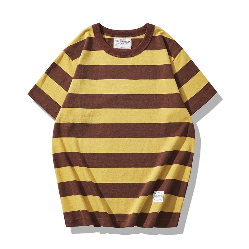 Generic OKONKWO new American retro Kaji T-shirt heavy prisoner motorcycle mens short sleeve thick large striped T-shirt 9132 brown stripes 