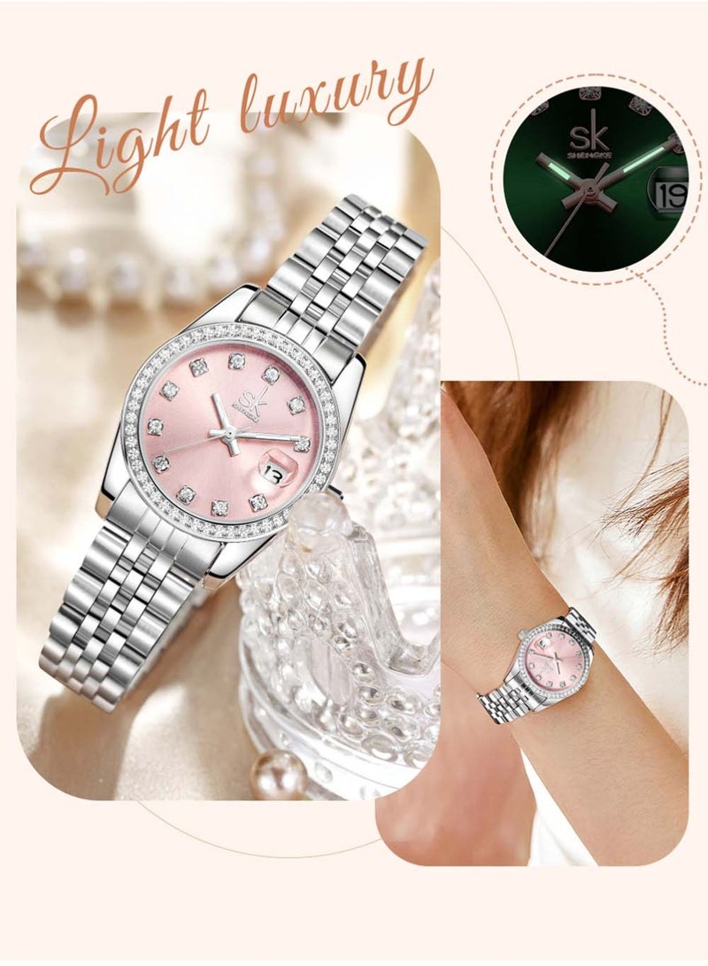 shengke Women's Crystal Accented with Solid Alloy Steel Band Watch Elegant Dress Quartz Calendar Watches for Women  - Image 4