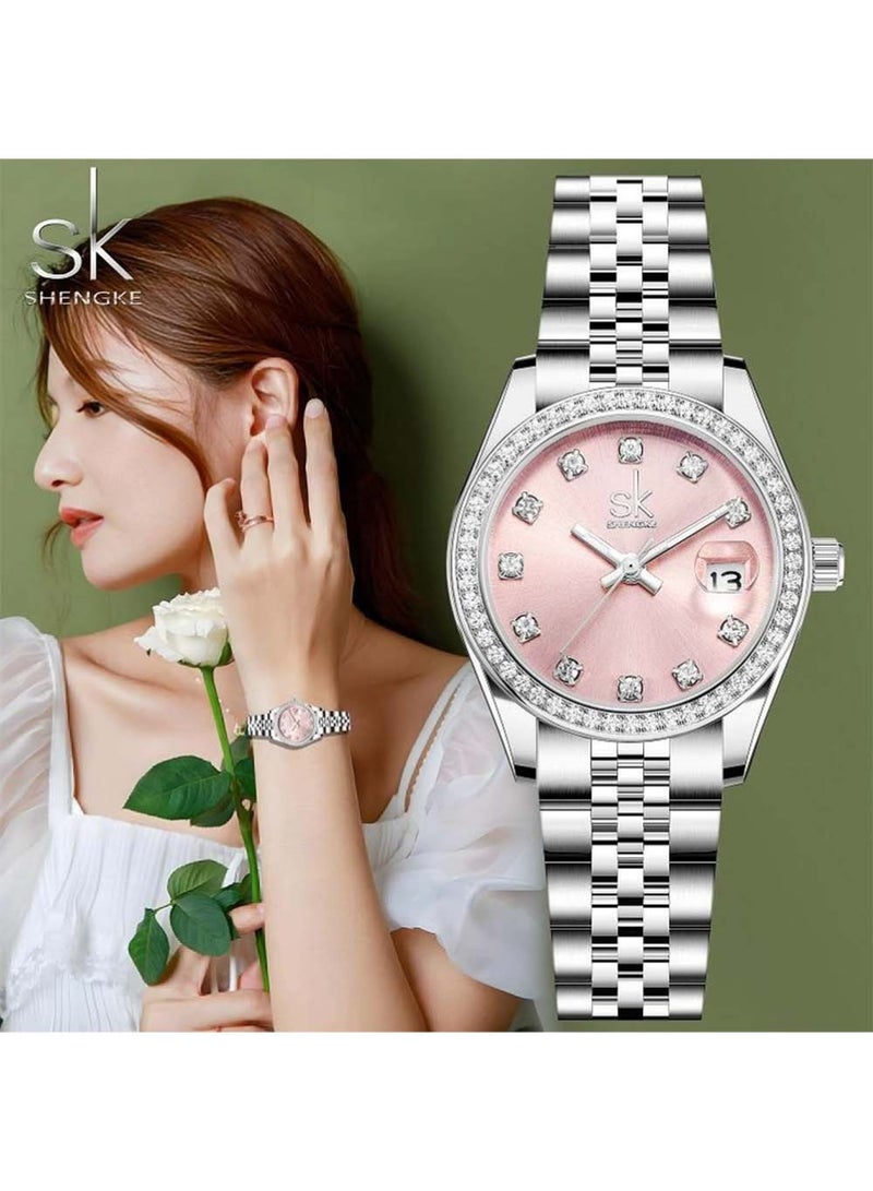 shengke Women's Crystal Accented with Solid Alloy Steel Band Watch Elegant Dress Quartz Calendar Watches for Women  - Image 1