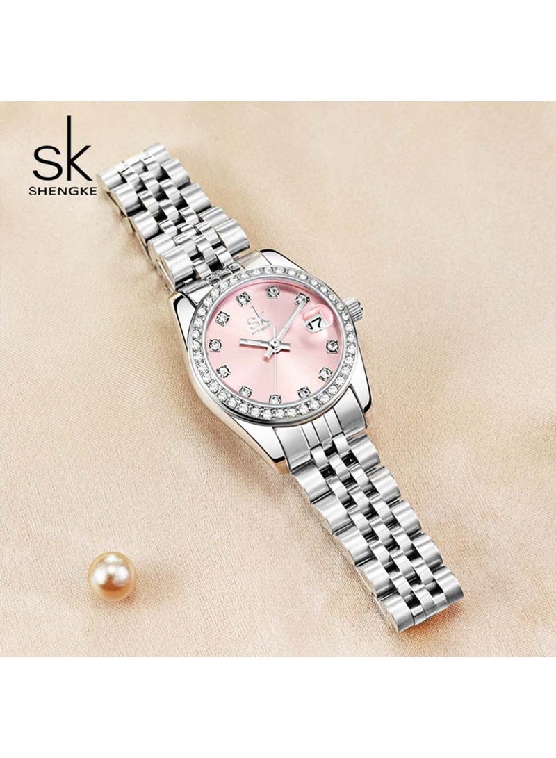 shengke Women's Crystal Accented with Solid Alloy Steel Band Watch Elegant Dress Quartz Calendar Watches for Women  - Image 3