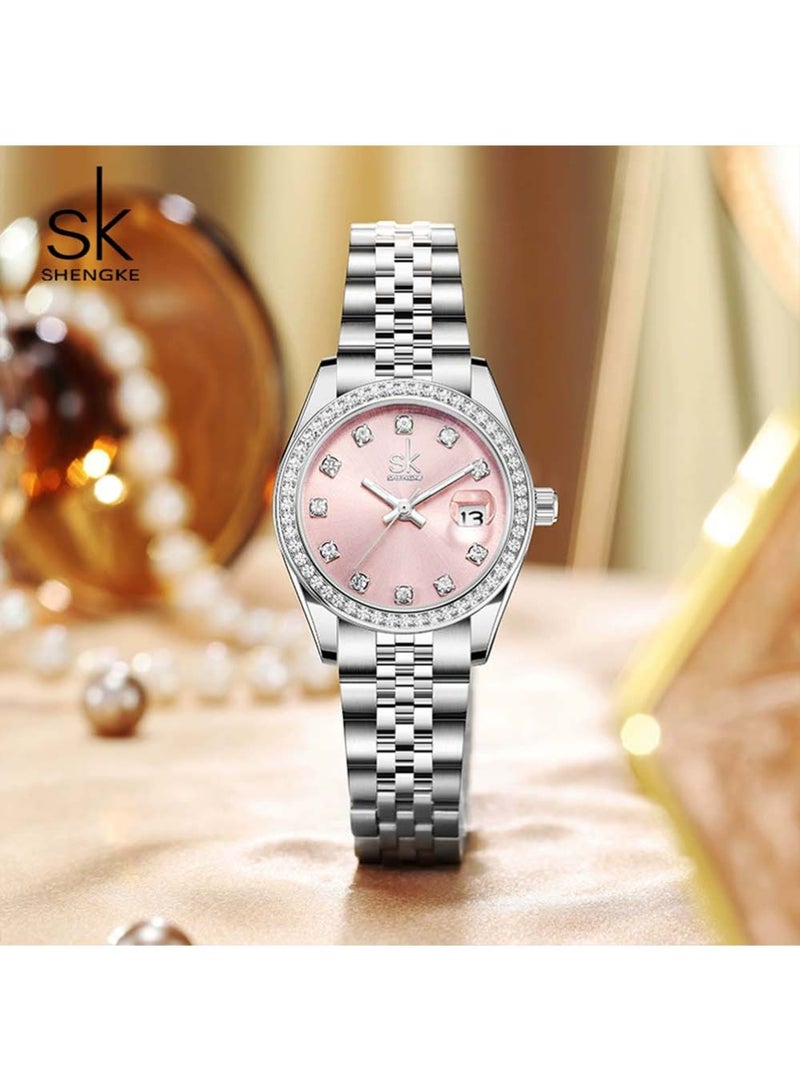 shengke Women's Crystal Accented with Solid Alloy Steel Band Watch Elegant Dress Quartz Calendar Watches for Women  - Image 2