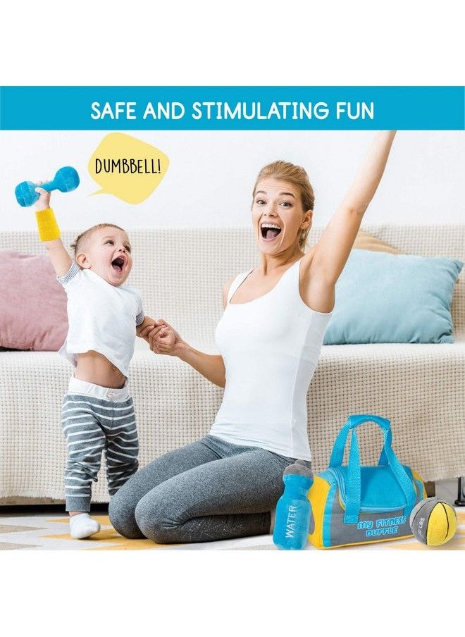 Plush Creations Talking Plush Baby Workout Toys ; Baby Crossfit Toy ; Plush Fitness Duffle Toy Set ; 4 Talking Soft Plush Workout Gear ; Medicine Ball Dumbbells Sweatband & Water Bottle ; Plush Duffle Bag Carrier  - Image 4