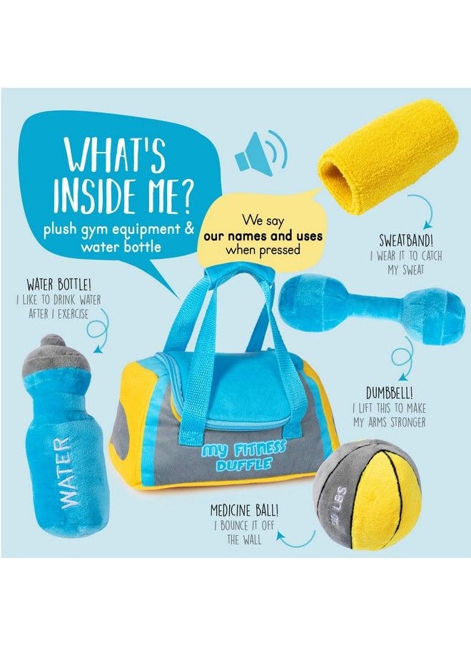 Plush Creations Talking Plush Baby Workout Toys ; Baby Crossfit Toy ; Plush Fitness Duffle Toy Set ; 4 Talking Soft Plush Workout Gear ; Medicine Ball Dumbbells Sweatband & Water Bottle ; Plush Duffle Bag Carrier  - Image 3