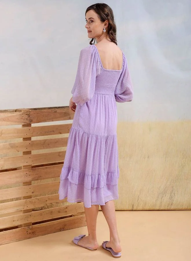 Freehand  Women Fit and Flared Textured Square Neck Long Sleeve Tiered Dress for Women | Best Price UAE