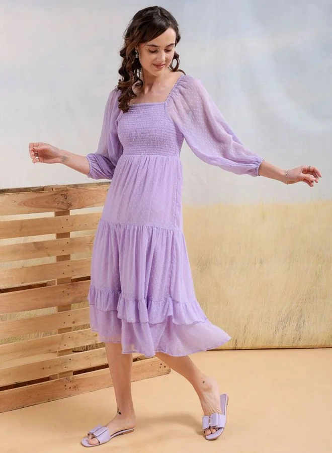 Freehand  Women Fit and Flared Textured Square Neck Long Sleeve Tiered Dress for Women | Best Price UAE