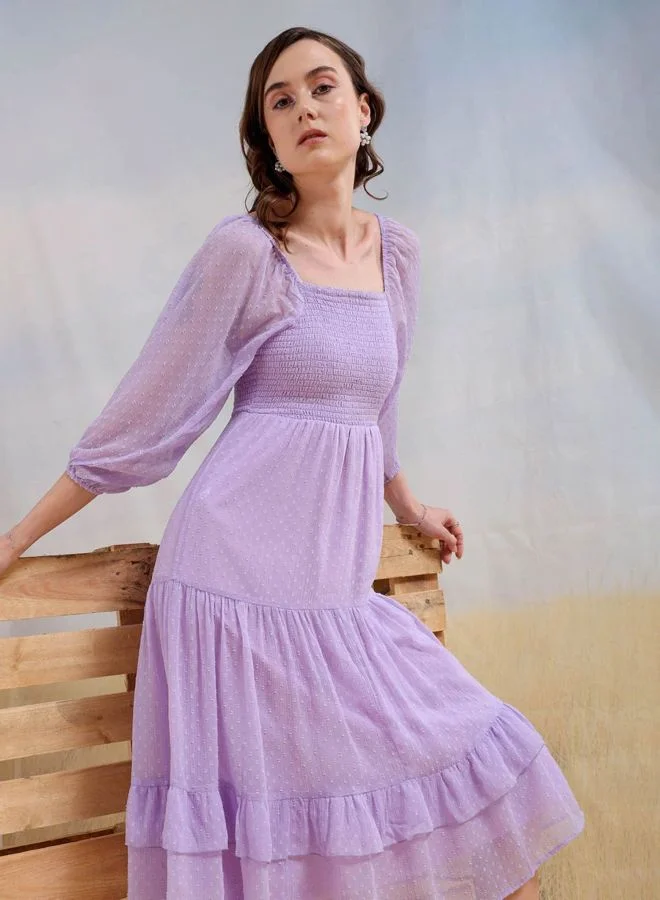 Freehand  Women Fit and Flared Textured Square Neck Long Sleeve Tiered Dress for Women | Best Price UAE