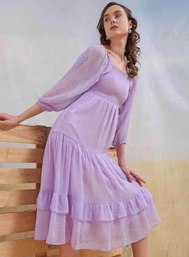 Women Fit and Flared Textured Square Neck Long Sleeve Tiered Dress