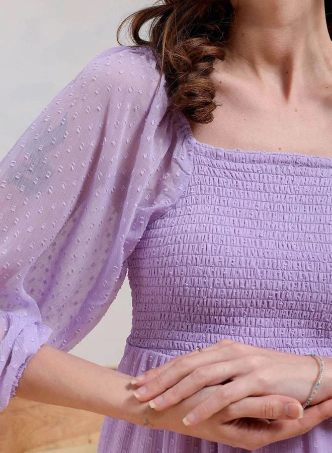 Freehand  Women Fit and Flared Textured Square Neck Long Sleeve Tiered Dress for Women | Best Price UAE