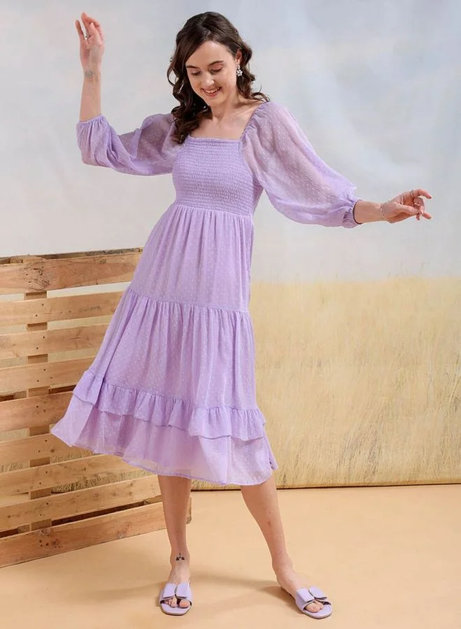 Freehand  Women Fit and Flared Textured Square Neck Long Sleeve Tiered Dress for Women | Best Price UAE