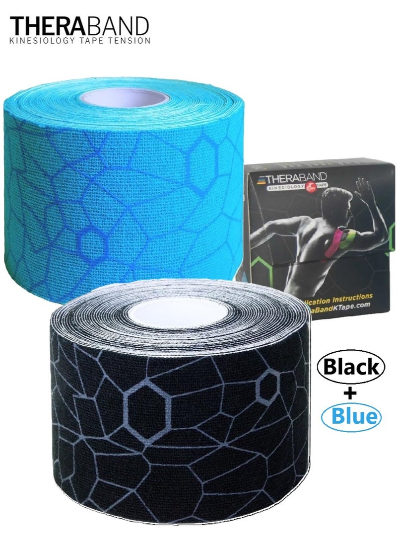 TheraBand 2 Piece Kinesiology Tape Waterproof Physio Tape for Pain Relief Muscle and Joint Support, Standard Roll with Xact Stretch Application Indicators ( Blue + Black ) - Image 1