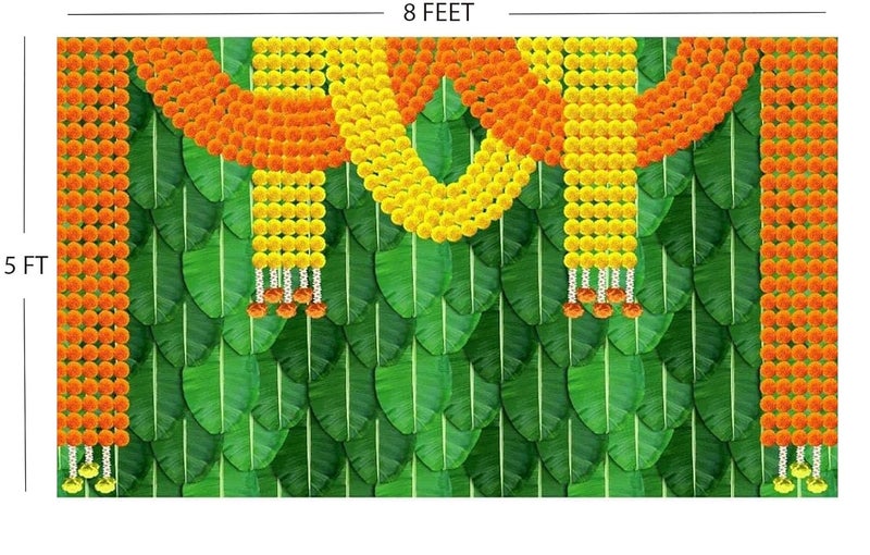 Bague Background Decoration Cloth for Wedding and Birthday Pooja Decoration Fabric Banana Leaf with Heavy Orange and Yellow Flower Design Curtain 8X5 - Image 3