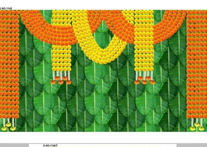 Bague Background Decoration Cloth for Wedding and Birthday Pooja Decoration Fabric Banana Leaf with Heavy Orange and Yellow Flower Design Curtain 8X5 - Image 2