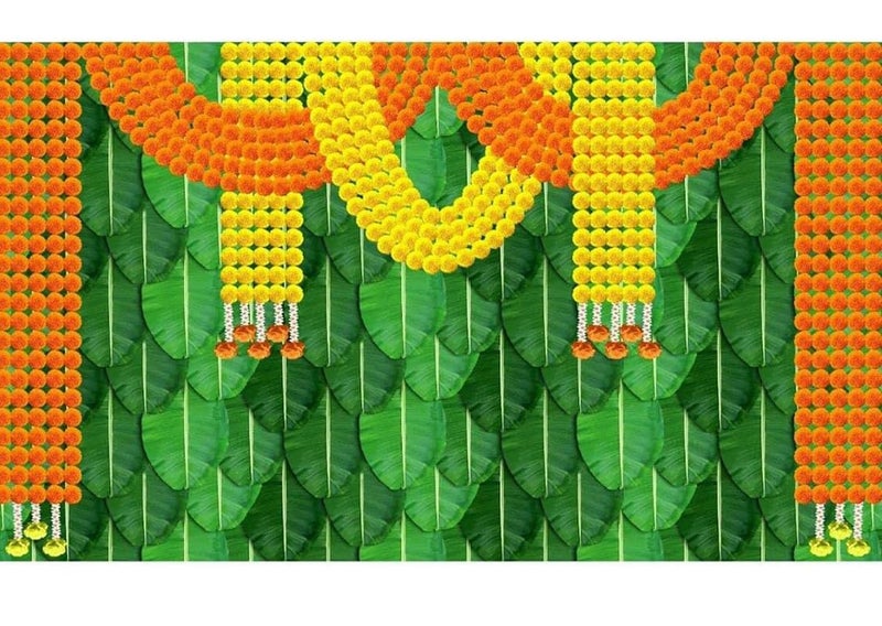 Bague Background Decoration Cloth for Wedding and Birthday Pooja Decoration Fabric Banana Leaf with Heavy Orange and Yellow Flower Design Curtain 8X5 - Image 1