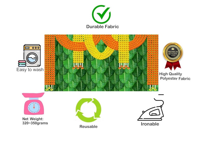 Bague Background Decoration Cloth for Wedding and Birthday Pooja Decoration Fabric Banana Leaf with Heavy Orange and Yellow Flower Design Curtain 8X5 - Image 4