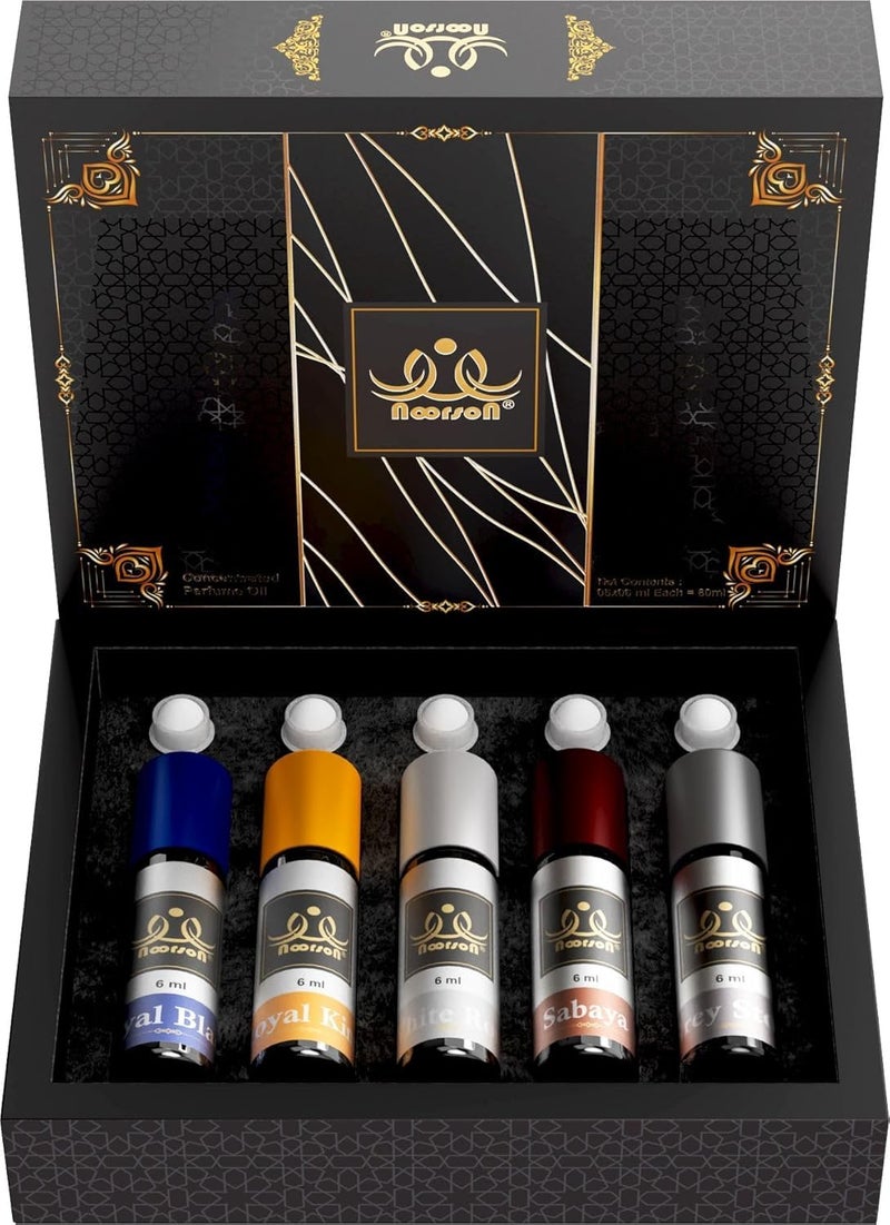 Noorson Royal Combo Non-Alcoholic Premium Attar Perfume Set (5 x 6ml) | Long Lasting Luxury Roll-On Fragrance Gift Pack for Men & Women (Royal Black, Royal King, White Rose, Sabaya, Grey Stone) - Image 2