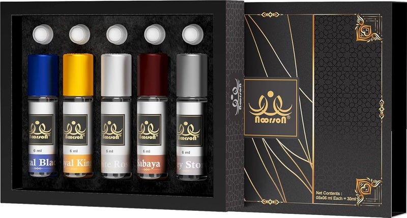Noorson Royal Combo Non-Alcoholic Premium Attar Perfume Set (5 x 6ml) | Long Lasting Luxury Roll-On Fragrance Gift Pack for Men & Women (Royal Black, Royal King, White Rose, Sabaya, Grey Stone) - Image 5