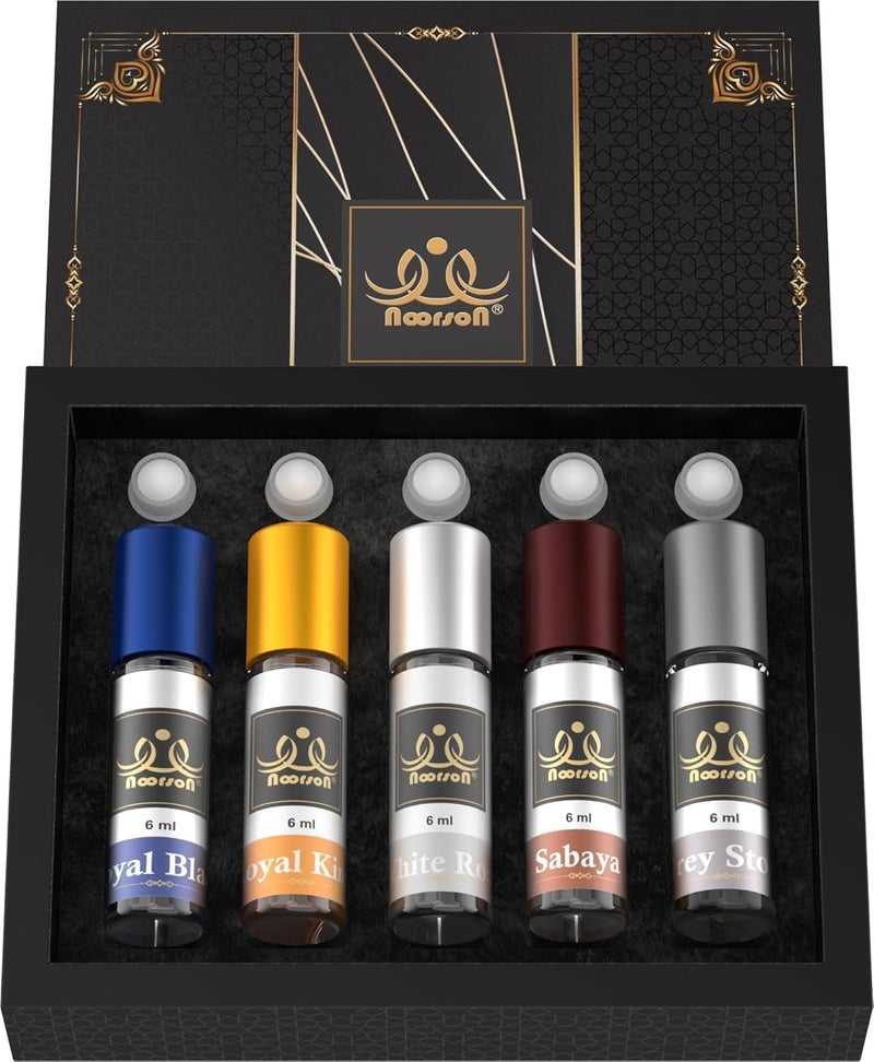 Noorson Royal Combo Non-Alcoholic Premium Attar Perfume Set (5 x 6ml) | Long Lasting Luxury Roll-On Fragrance Gift Pack for Men & Women (Royal Black, Royal King, White Rose, Sabaya, Grey Stone) - Image 1