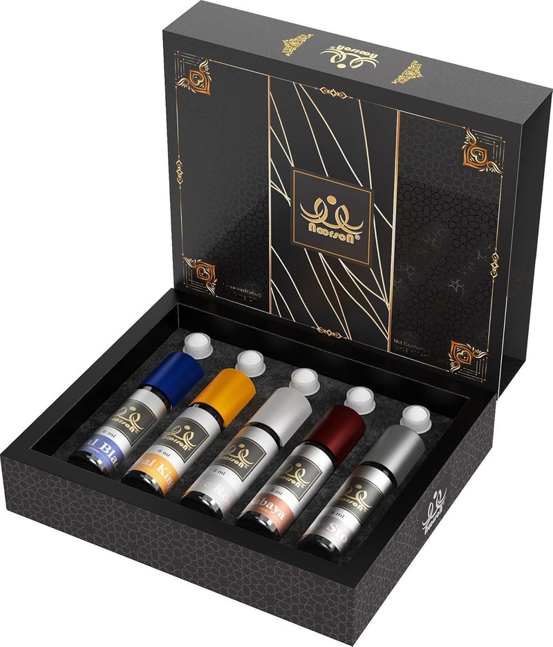 Noorson Royal Combo Non-Alcoholic Premium Attar Perfume Set (5 x 6ml) | Long Lasting Luxury Roll-On Fragrance Gift Pack for Men & Women (Royal Black, Royal King, White Rose, Sabaya, Grey Stone) - Image 3