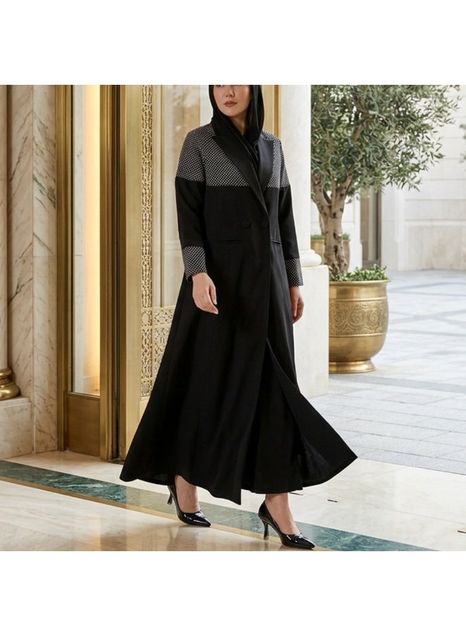 Dakakeen Concept Black Linen Blazer Abaya with White Polka Dots by Designer Alaa from Dakakeeen Al-Khair –  Abaya for Women - Saudi Style Luxury Women's Abaya, Modest Open Front Daily & Formal - Image 4