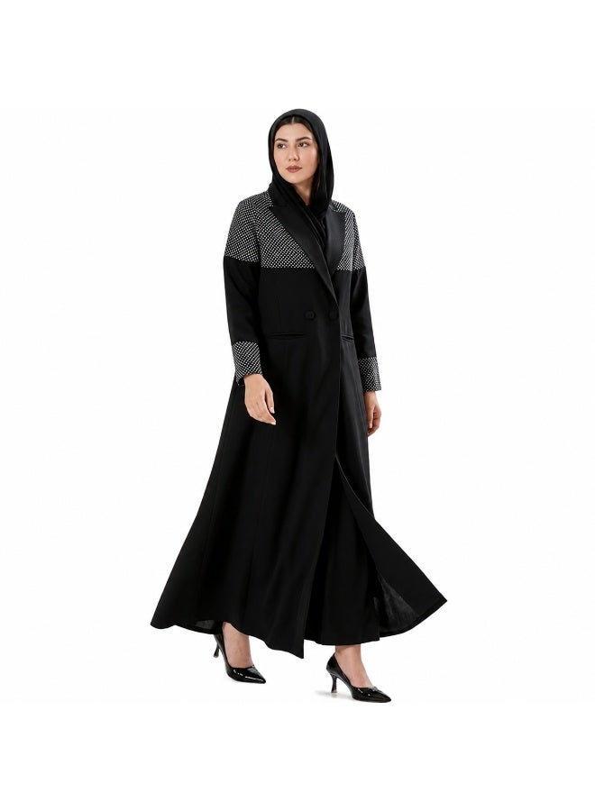 Dakakeen Concept Black Linen Blazer Abaya with White Polka Dots by Designer Alaa from Dakakeeen Al-Khair –  Abaya for Women - Saudi Style Luxury Women's Abaya, Modest Open Front Daily & Formal - Image 1