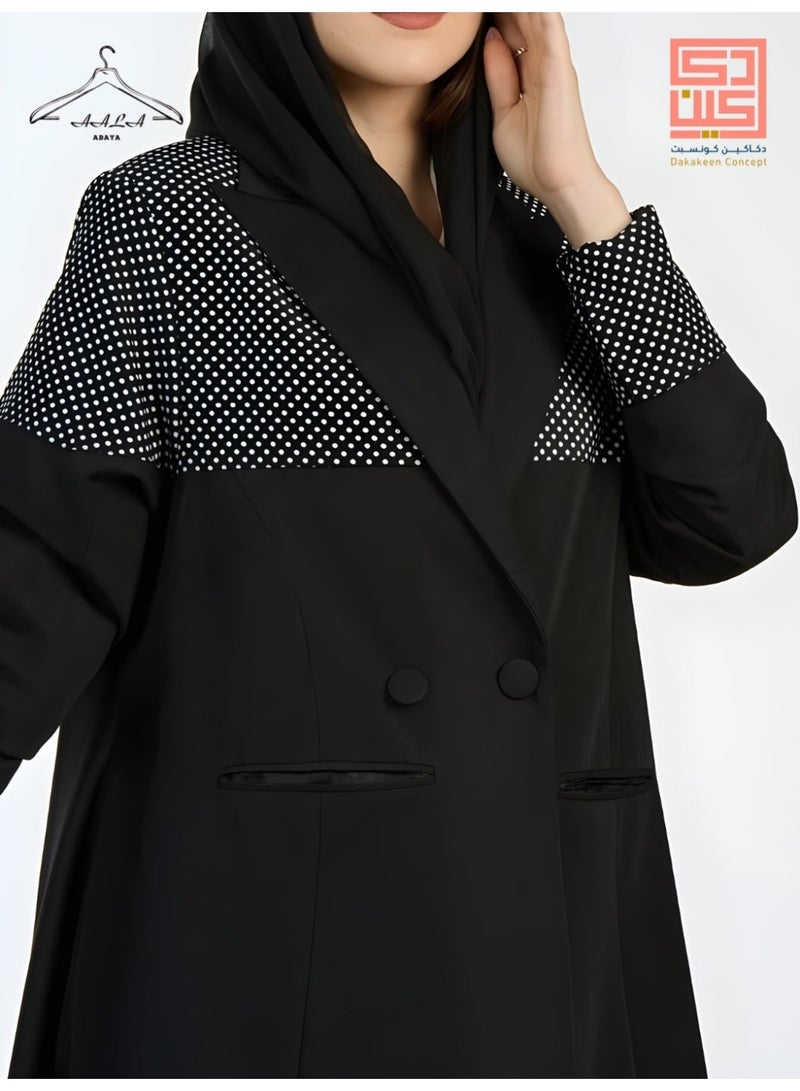 Dakakeen Concept Black Linen Blazer Abaya with White Polka Dots by Designer Alaa from Dakakeeen Al-Khair –  Abaya for Women - Saudi Style Luxury Women's Abaya, Modest Open Front Daily & Formal - Image 2