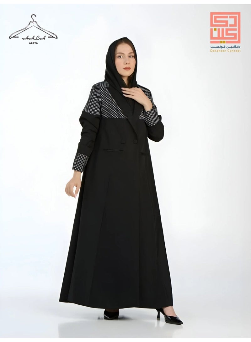 Dakakeen Concept Black Linen Blazer Abaya with White Polka Dots by Designer Alaa from Dakakeeen Al-Khair –  Abaya for Women - Saudi Style Luxury Women's Abaya, Modest Open Front Daily & Formal - Image 3