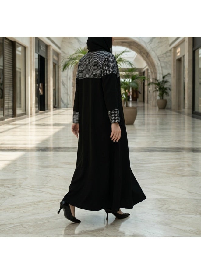 Dakakeen Concept Black Linen Blazer Abaya with White Polka Dots by Designer Alaa from Dakakeeen Al-Khair –  Abaya for Women - Saudi Style Luxury Women's Abaya, Modest Open Front Daily & Formal - Image 5