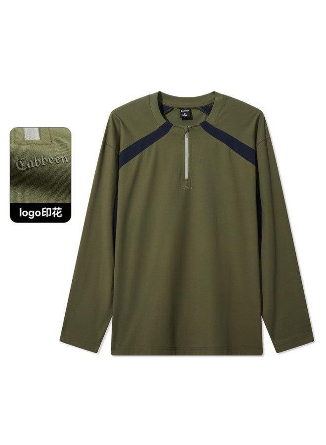 Cabbeen Long Sleeve Men's T-shirt Loose Fashion Zipper Collar Top Trendy Long Sleeve T-shirt Men's Clothing - Image 2