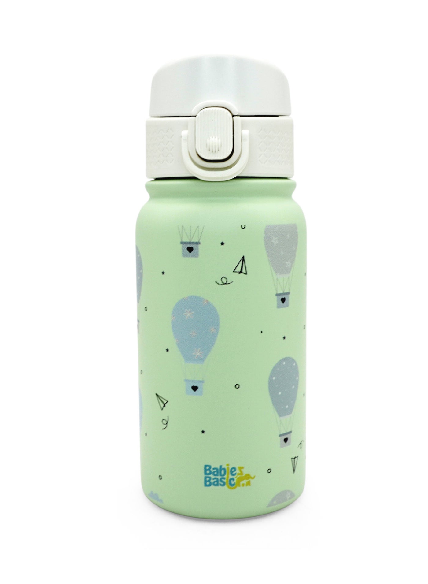 Babies Basic Kids Stainless Steel Water Bottle with Straw - 350ml – Double Wall Vacuum Insulated, Leakproof Thermal Flask, BPA-Free, Reusable Drinking Bottle for School & Travel - Balloon Themed -Gree