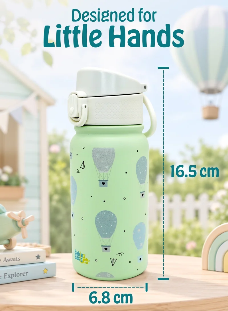 Babies Basic Babies Basic Kids Stainless Steel Water Bottle with Straw - 350ml – Double Wall Vacuum Insulated, Leakproof Thermal Flask, BPA-Free, Reusable Drinking Bottle for School & Travel - Balloon Themed -Green