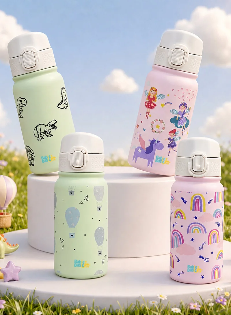 Babies Basic  Babies Basic Kids Stainless Steel Water Bottle with Straw - 350ml – Double Wall Vacuum Insulated, Leakproof Thermal Flask, BPA-Free, Reusable Drinking Bottle for School & Travel - Balloon Themed -Green  | Best Price UAE
